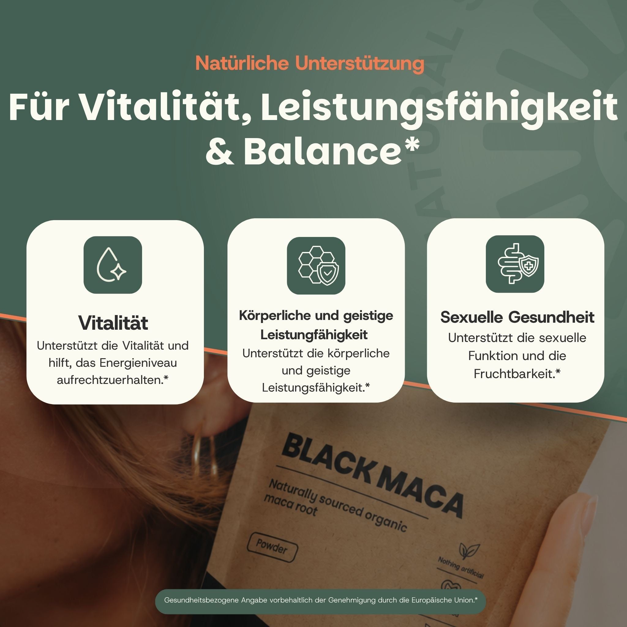 Trois icônes : Vitalité, performance physique et mentale, santé sexuelle. En bas : poudre de maca noire dans un sachet en papier.