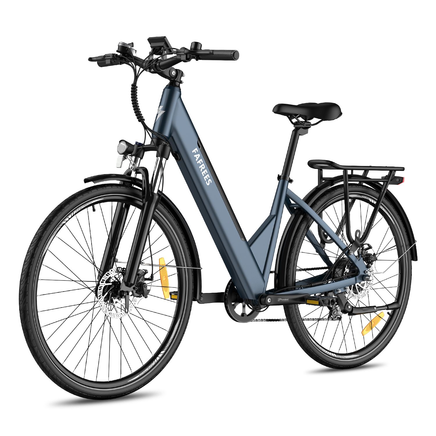 Vélo électrique bleu avec porte-bagages. Marque FAFREES. Pneus et garde-boue noirs. Réflecteurs jaunes.
