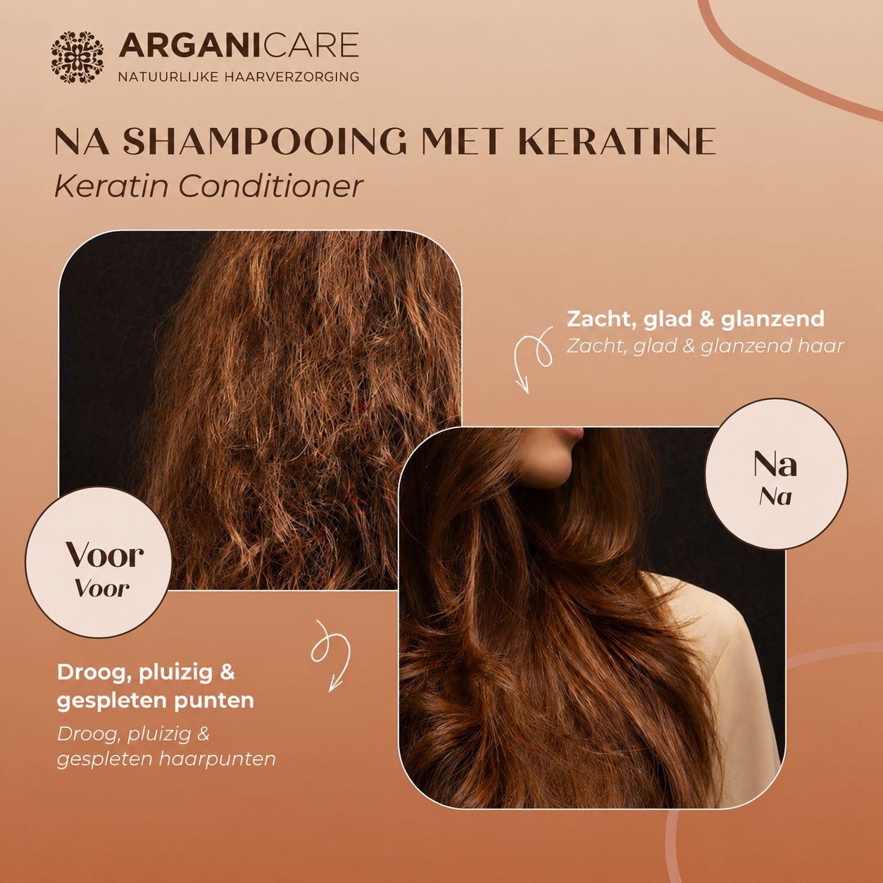 Voor-en-na vergelijking van haar behandeld met Arganicare Keratin Conditioner.