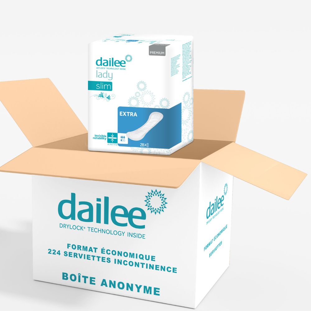 Dailee Lady Slim Extra en boîte carton. 224 serviettes. Boîte anonyme.
