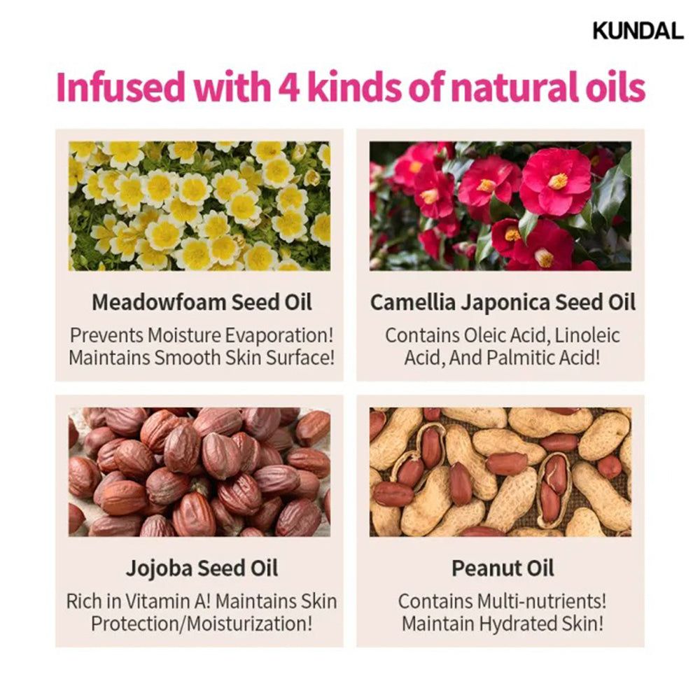 Vier natuurlijke oliën: Meadowfoam, Camellia Japonica, Jojoba en pindaolie voor de huid.