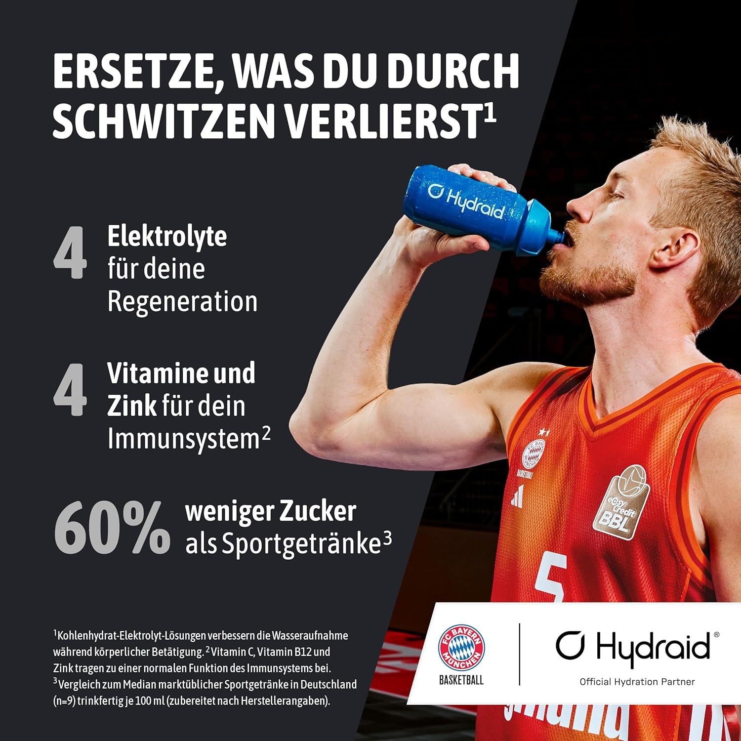Un joueur de basket boit dans une bouteille Hydraid. Hydraid fournit 4 électrolytes, 4 vitamines et du zinc pour la régénération et l'immunité, avec 60% de sucre en moins.