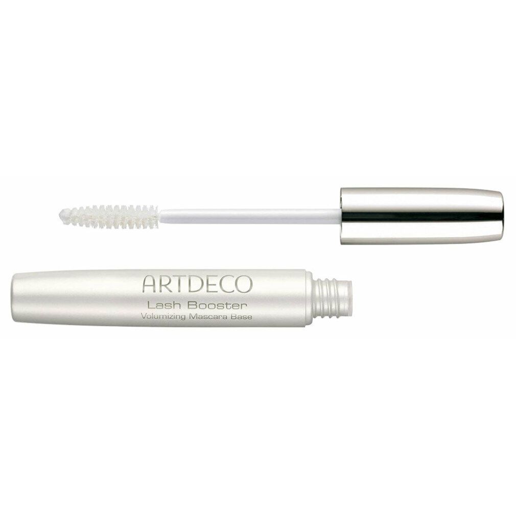 Artdeco Lash Booster wimperbasis. Witte tube en borstel. Zilverkleurige dop en tube. Tekst: Artdeco, Lash Booster, Volumizing Mascara Base.