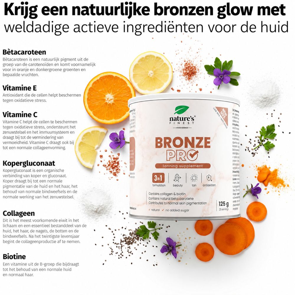 Pot Nature's Finest Bronze Pro voedingssupplement met ingrediënten en fruit.