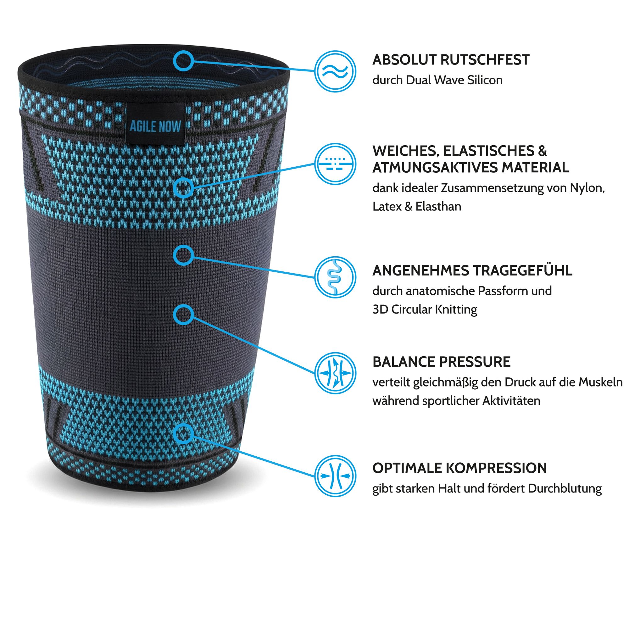 Bande de cuisse. Textile noir et bleu. Forme anatomique. Silicone double vague. Respirant. Compression optimale.