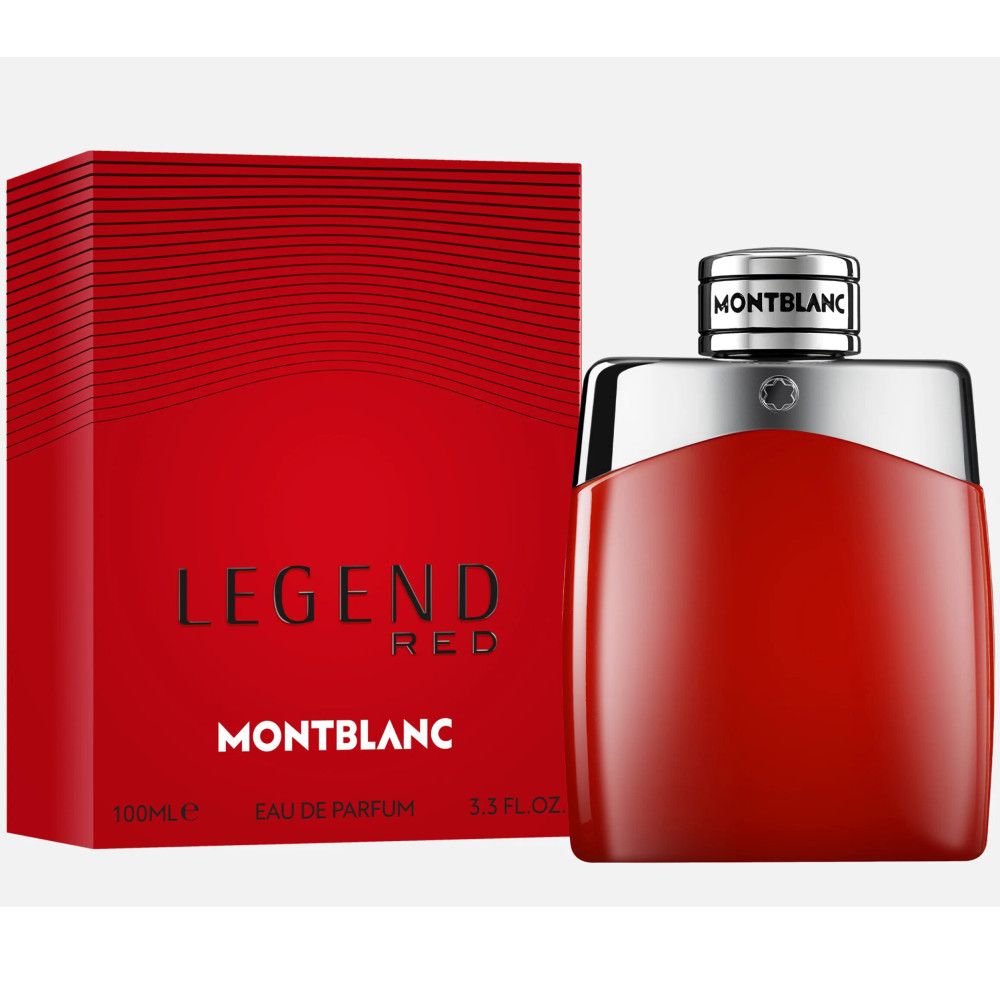 Rode fles en verpakking. Fles met zilveren dop. Opschrift: LEGEND RED, MONTBLANC. 100ml, 3.3 FL.OZ.