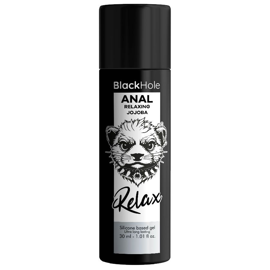 Zwarte fles met tekst Black Hole, Anal, Relaxing Jojoba. Illustratie van een dierengezicht. Tekst: Relax, Silicone based gel.