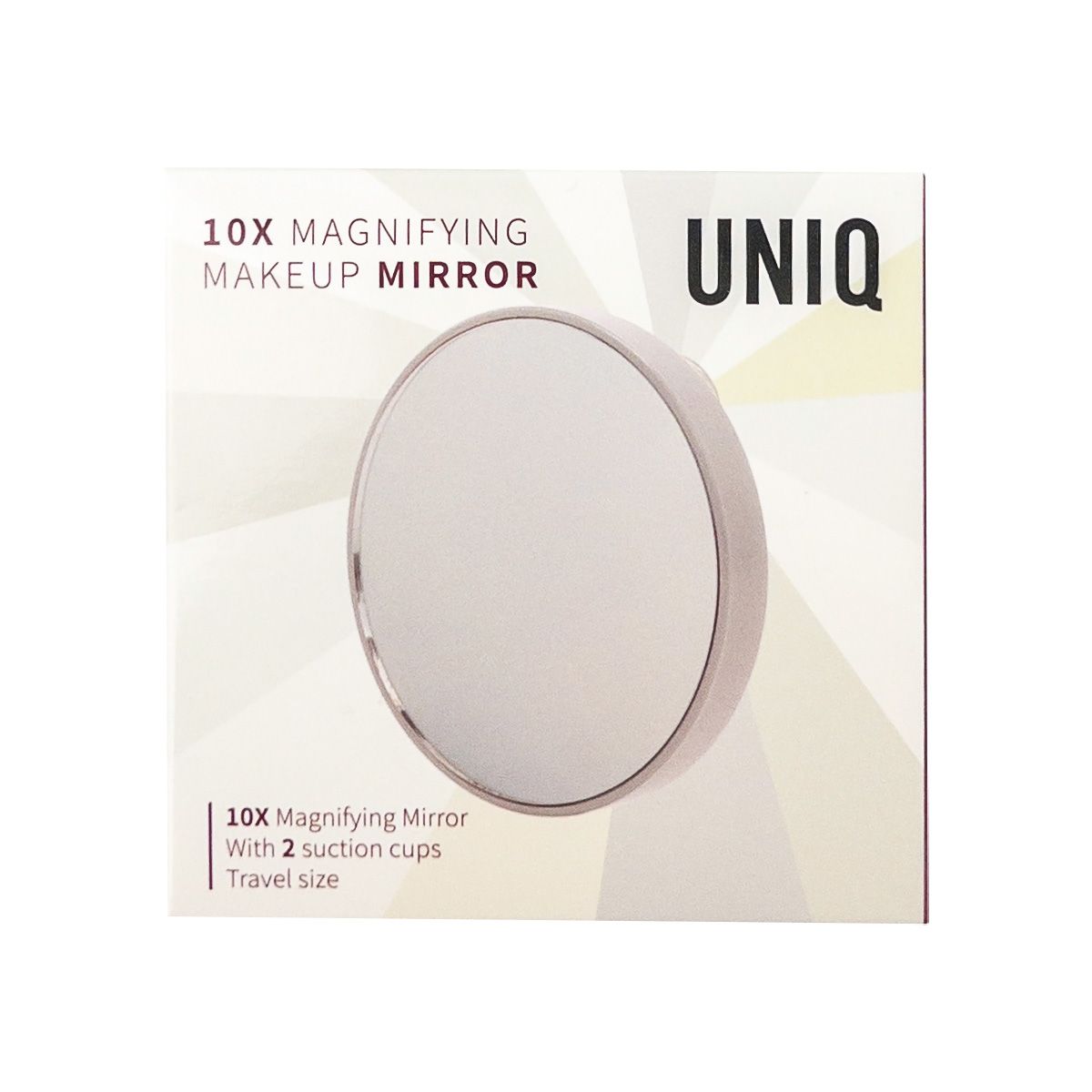 Emballage d'un miroir de maquillage UNIQ, grossissement 10x, avec 2 ventouses.