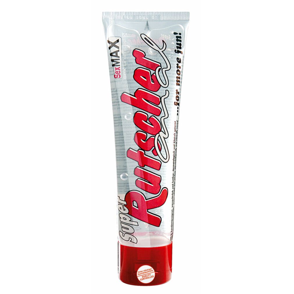 Transparante tube met rode dop. Opschrift: SexMAX, Super Rutscher, rode tekst. Tekst: ...for more fun!