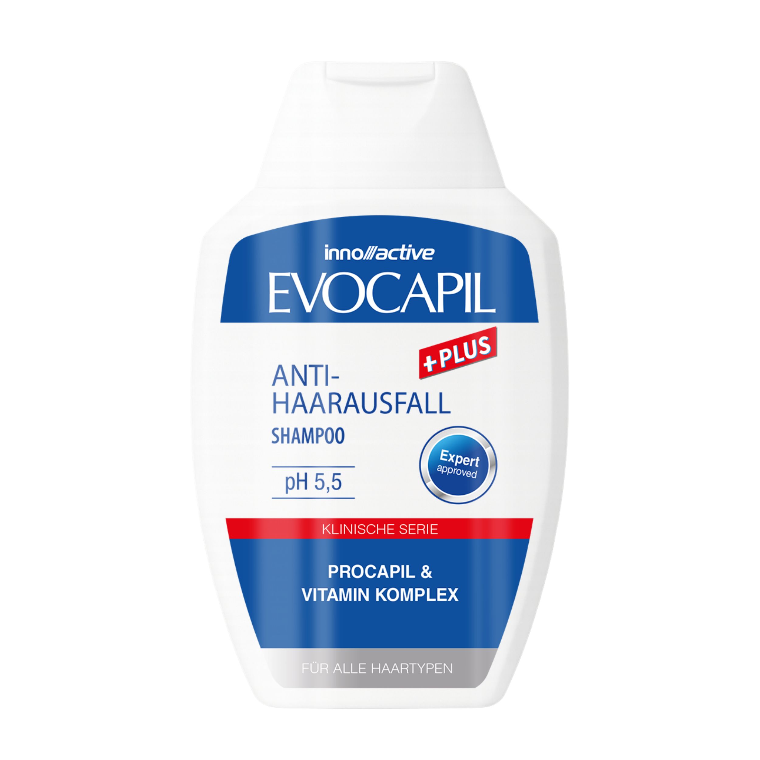 Evocapil Plus Anti-haaruitval shampoo. Witte fles met blauwe tekst. pH 5,5. Klinische serie. Procapil & vitaminecomplex.