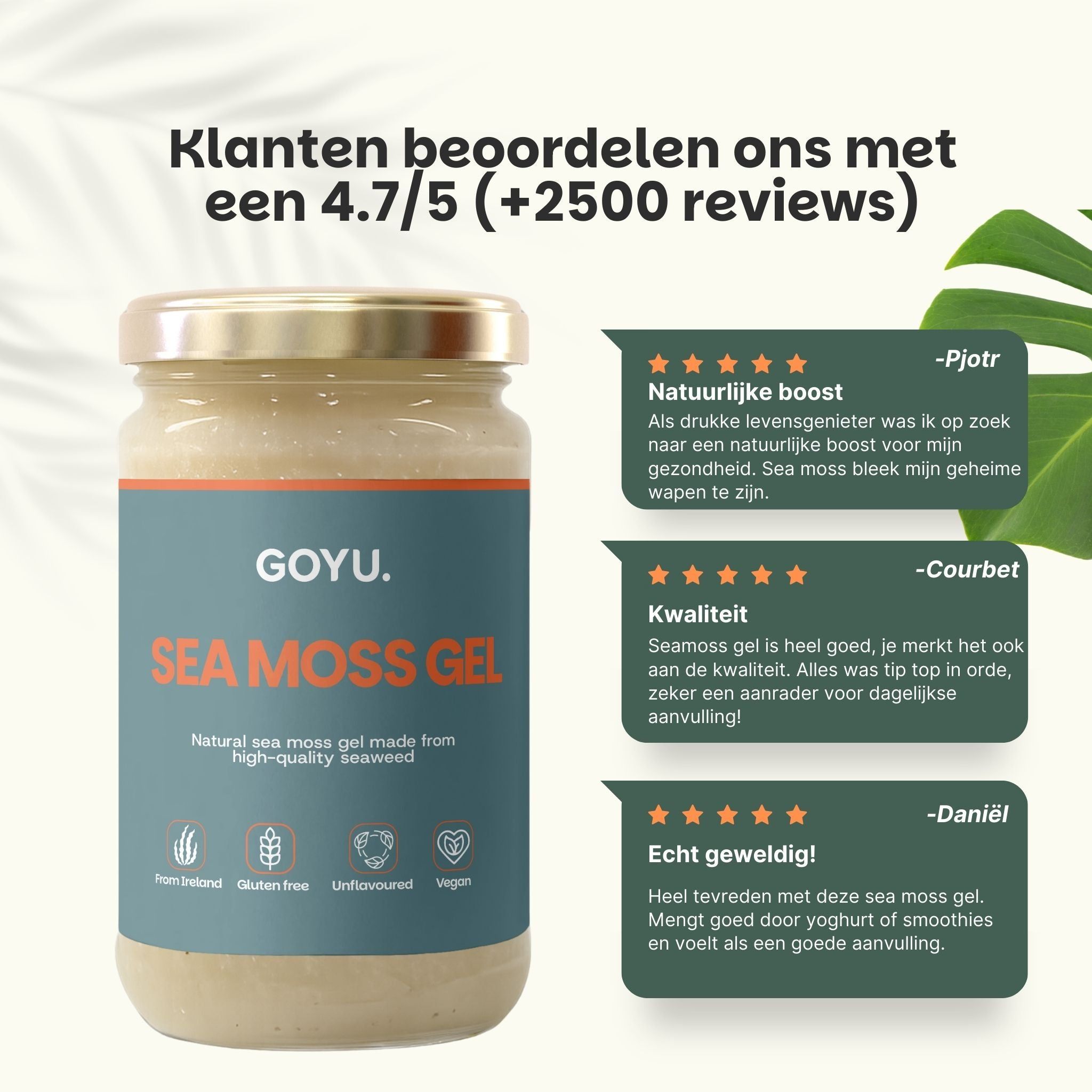 Een pot GOYU Sea Moss Gel met klantrecensies en sterren.
