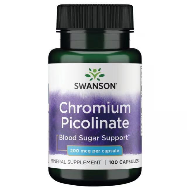 Flacon vert foncé avec bouchon noir. Étiquette avec "SWANSON", "Chromium Picolinate", "200 mcg par capsule" et "100 capsules".