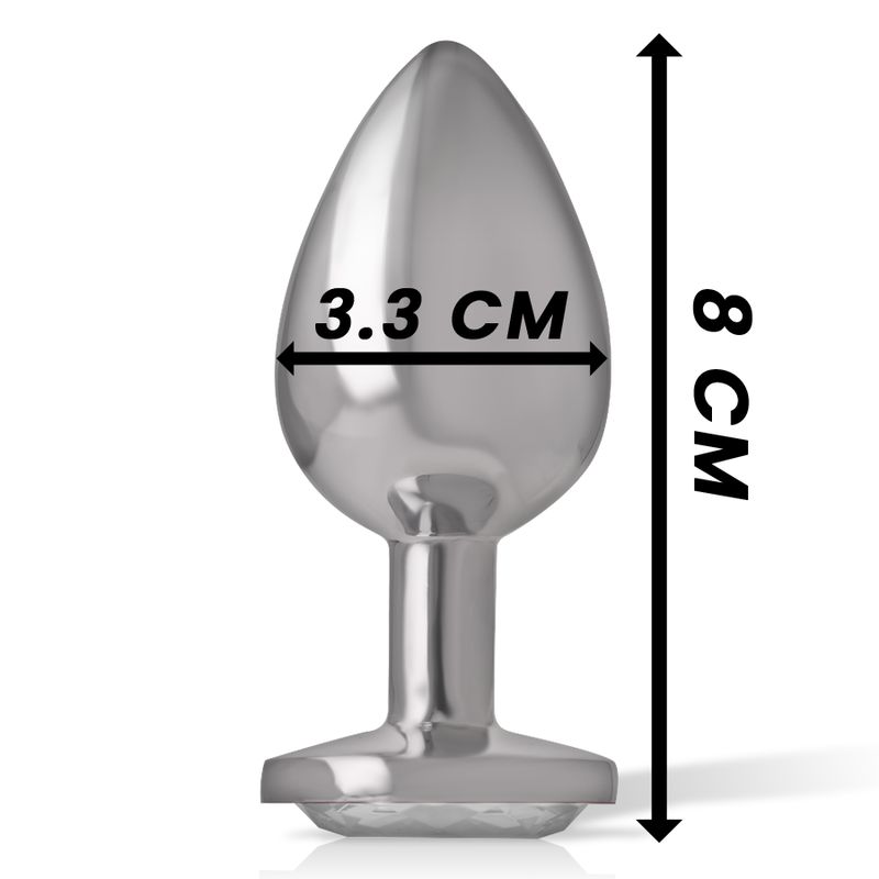 Zilveren anale plug met hartvormige kristal. Afmetingen: 8 cm lang, 3,3 cm breed.