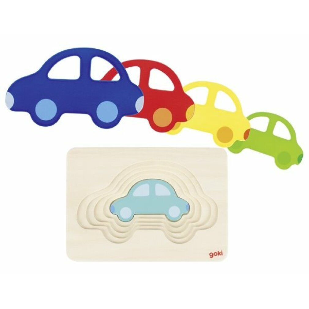 Houten puzzel met 5-laags auto-ontwerp. Blauwe, rode, gele en groene auto's. Goki-logo rechtsonder.