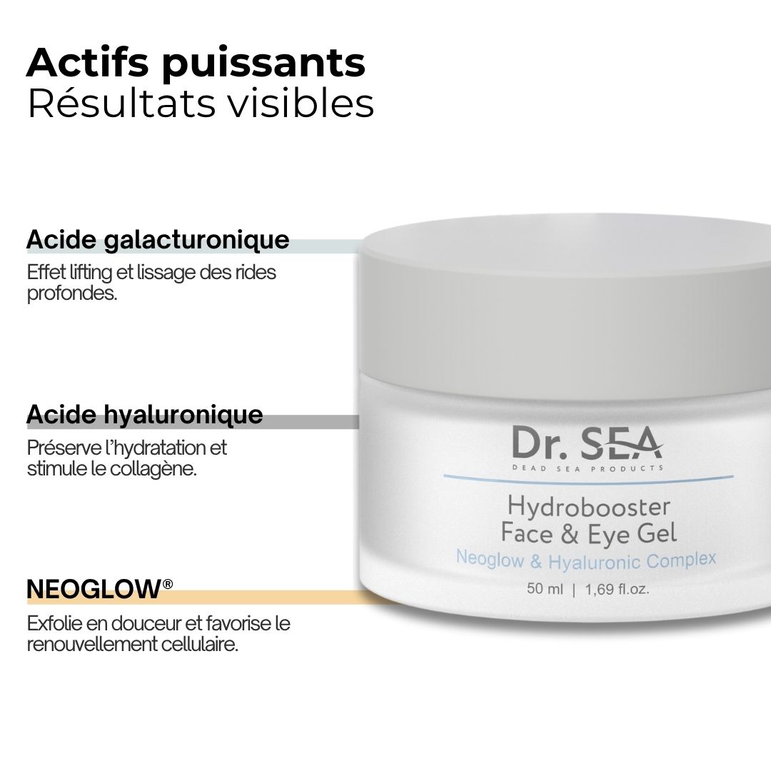 Produit avec texte. Inscription : Dr. SEA, Hydrobooster Face & Eye Gel, 50 ml. Texte sur les ingrédients et l'effet.