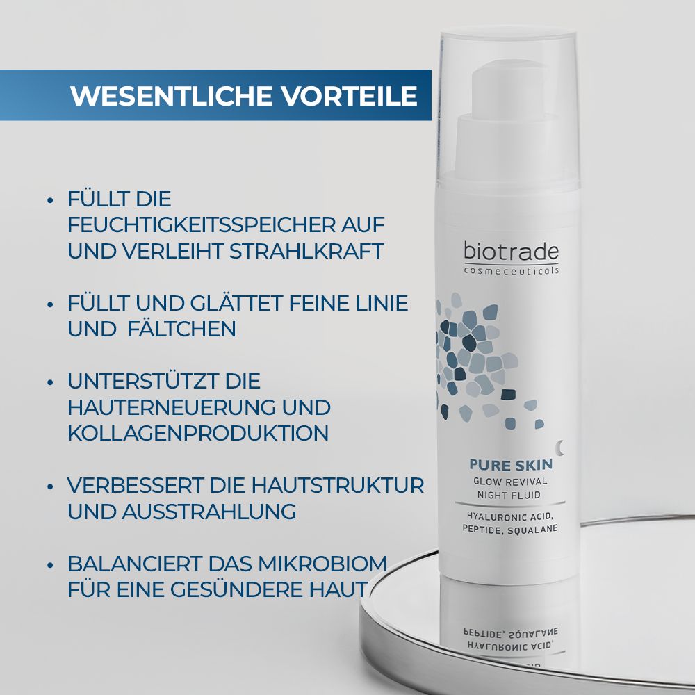 Flacon blanc avec texte du produit. Texte : Pure Skin Glow Revival Night Fluid. Contient de l'acide hyaluronique, des peptides, du squalane. Sur surface argentée.