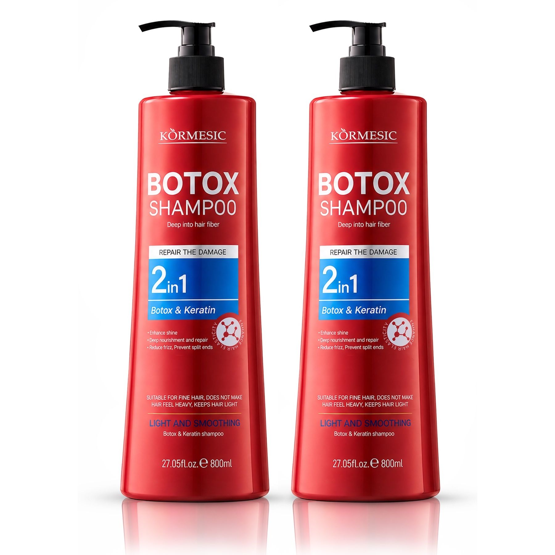 Twee rode Kormesic Botox Shampoo flessen met pomp, 800ml.