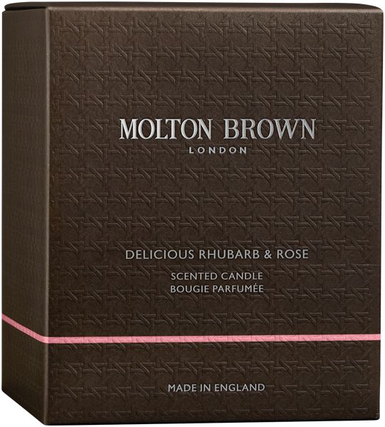 Emballage de la bougie parfumée Molton Brown 'Delicious Rhubarb & Rose'.
