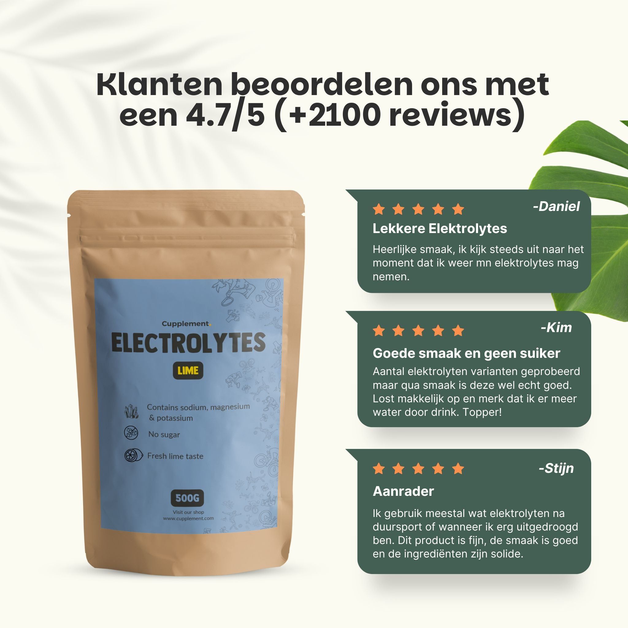 Glas water met citroenschijfjes. Tekst: Bevat natrium, kalium & magnesium. 500g elektrolyten met citroensmaak.