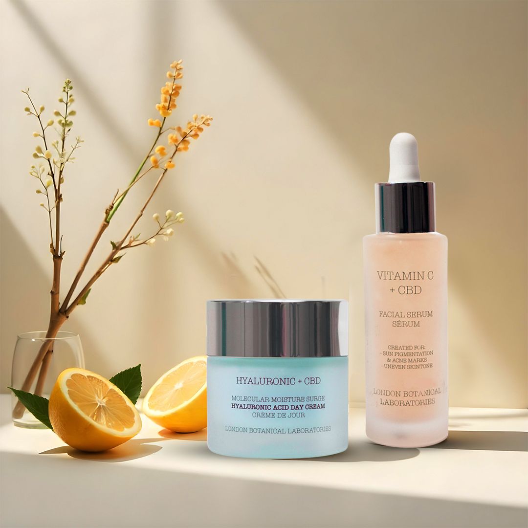 Crème en serum met citroen en tak. Opschrift: Hyaluronic + CBD, Vitamin C + CBD.