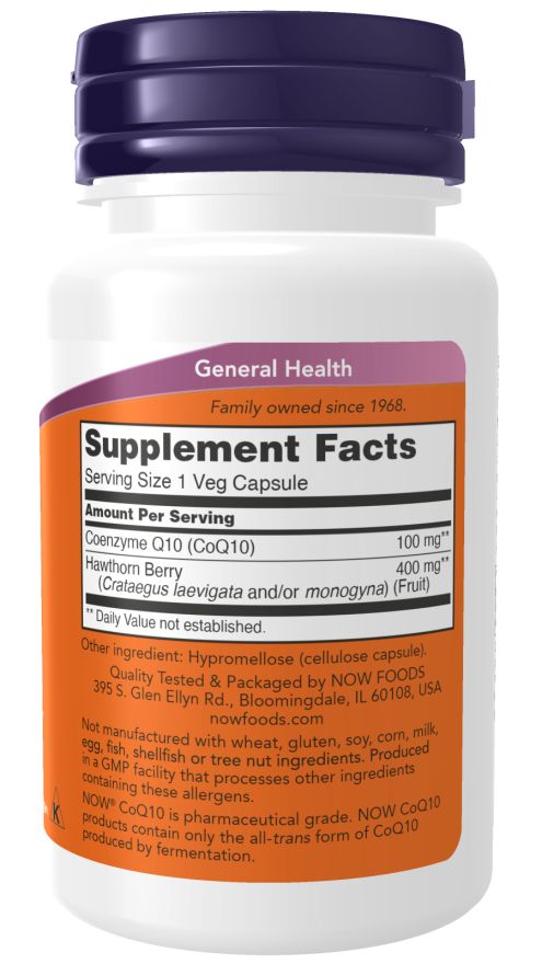 Dos du flacon. Étiquette avec informations nutritionnelles, ingrédients et fabricant. Logo "NOW FOODS".