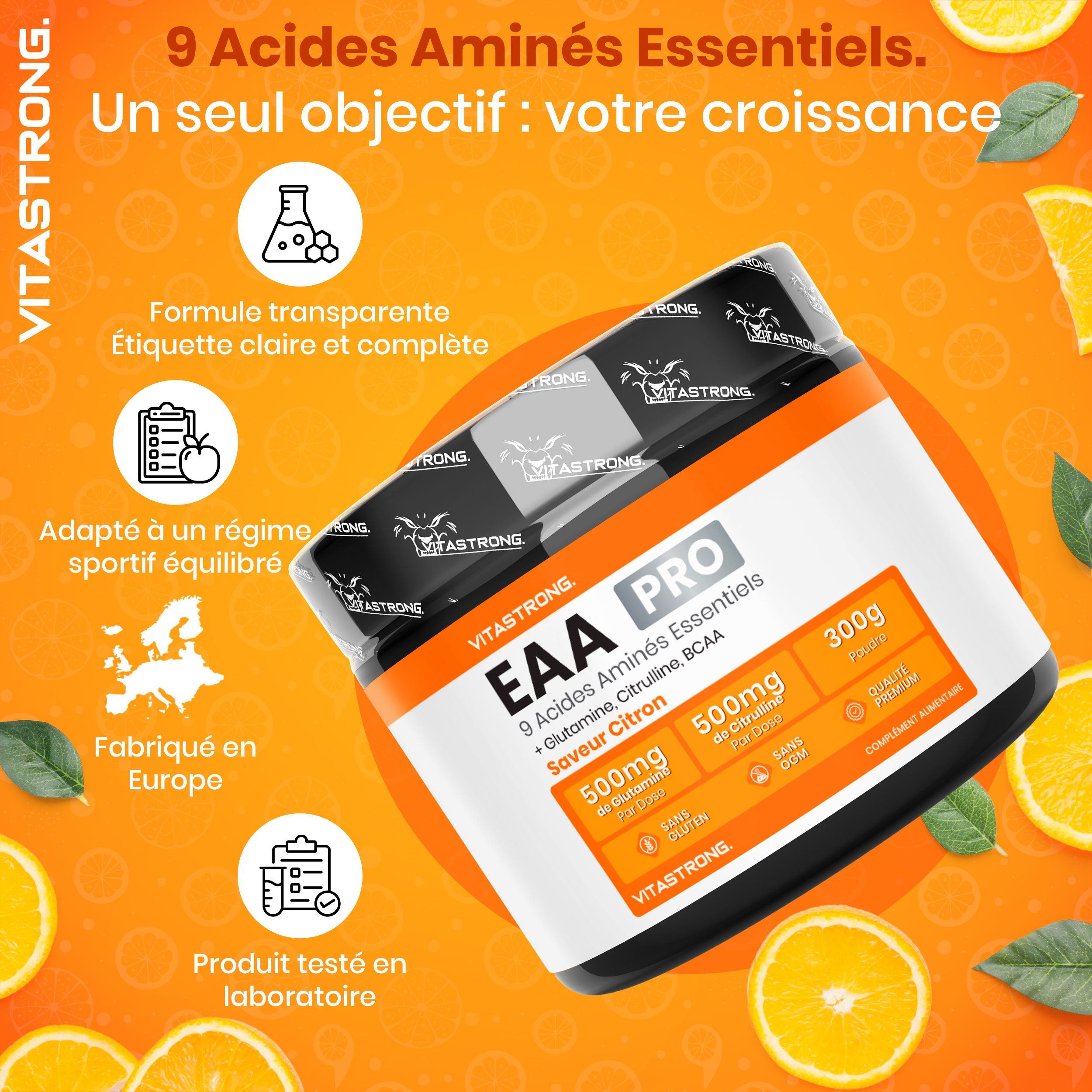 Vitastrong EAA PRO Citroen. Pot, shaker en lepel. Tekst: Zeg vaarwel tegen de chemische smaak!