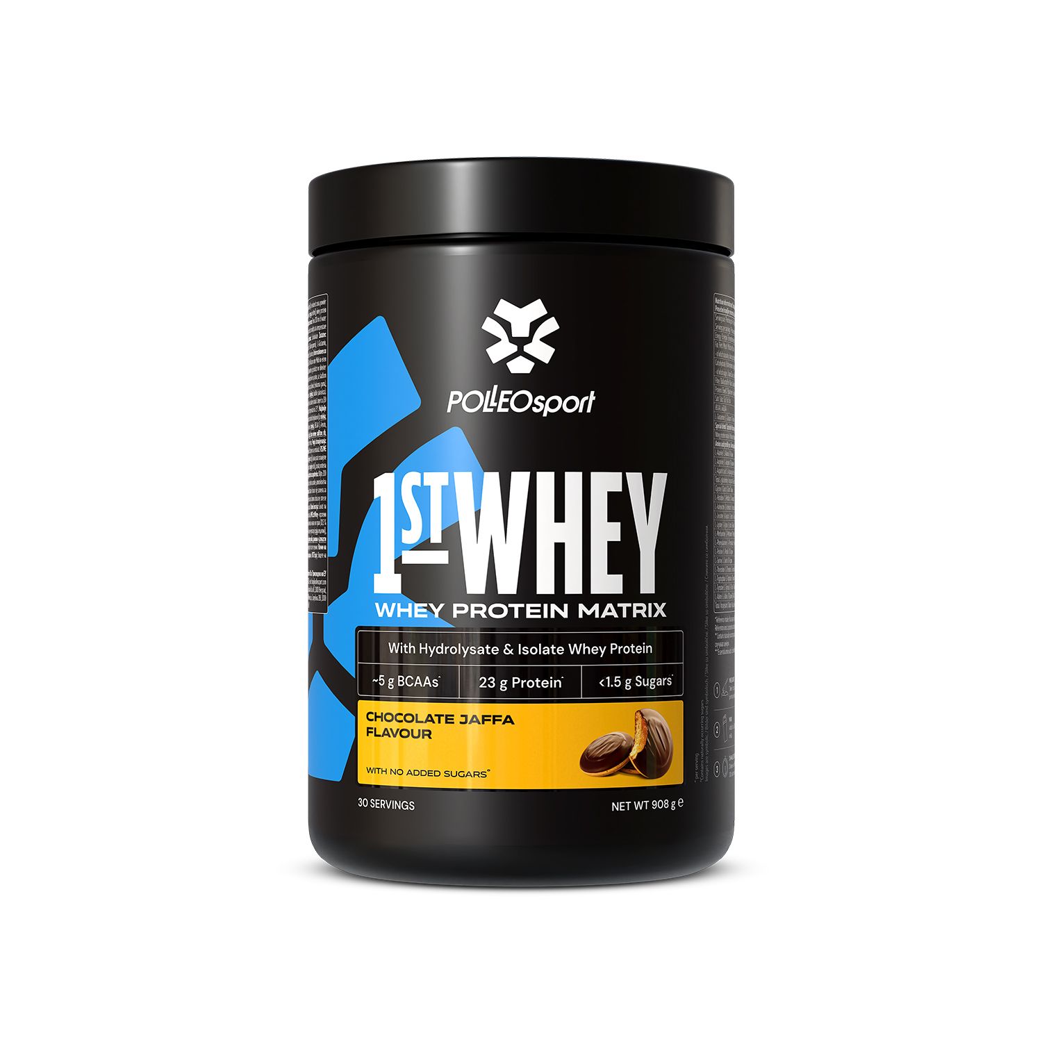 Pot noir "1ST:WHEY" avec logo. Saveur chocolat Jaffa. Contient 23g de protéines. 30 portions.