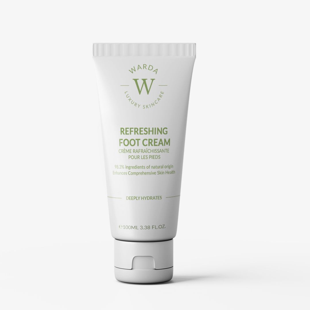 Crème Pieds Rafraîchissante Warda Skincare dans un tube blanc avec bouchon rabattable.
