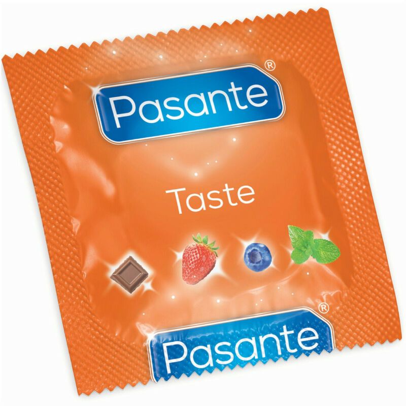 Emballage individuel de préservatif Pasante Taste. Fond orange avec illustrations de fruits et chocolat.