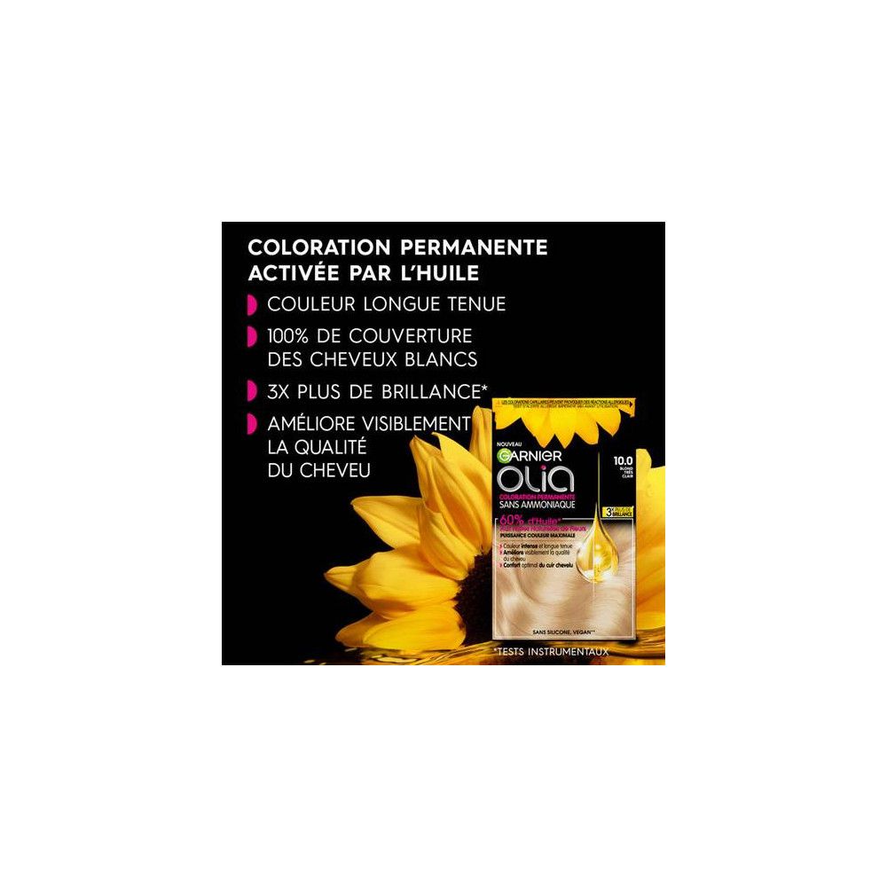 Haarkleurverpakking met zonnebloem. Tekst: Garnier Olia permanente haarkleur. 100% dekking van grijs haar.