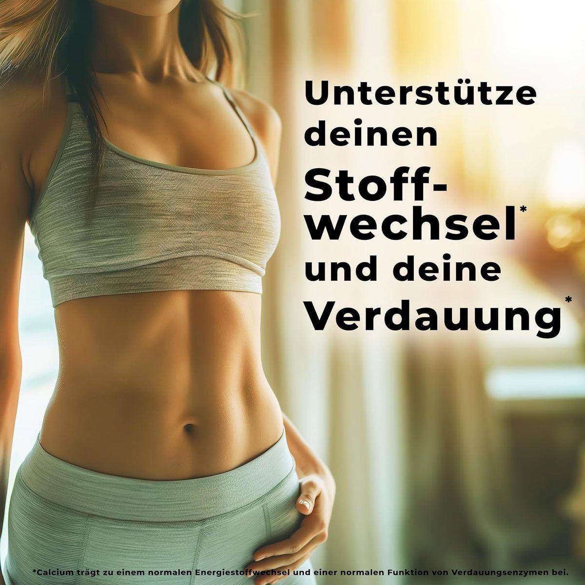 Femme avec ventre plat. Texte : Soutenez votre métabolisme et votre digestion. Tenue de sport grise.
