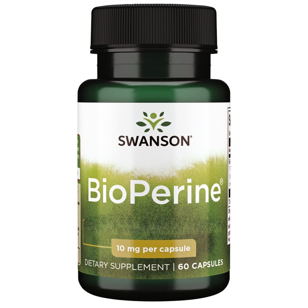 Contenant de capsules Swanson BioPerine avec bouchon noir et étiquette verte.