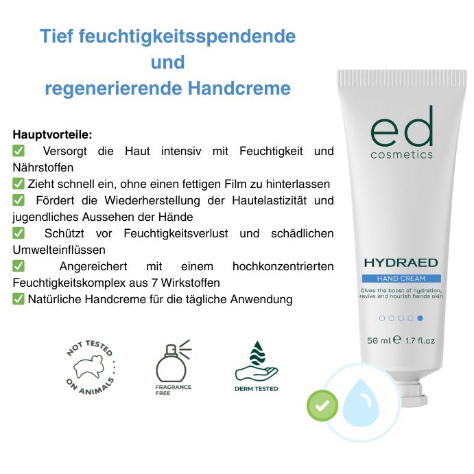 Tube "ed cosmetics" et "HYDRAED HAND CREAM". Texte sur les avantages. Logos: non testé sur les animaux, sans parfum, testé dermatologiquement.
