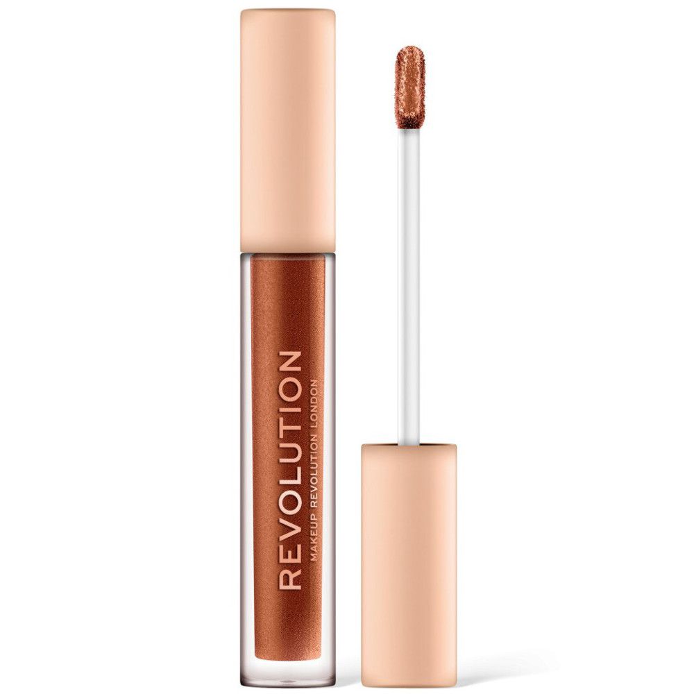 Vloeibare oogschaduw met applicator. Transparante fles met beige dop. Opschrift: REVOLUTION MAKEUP REVOLUTION LONDON.