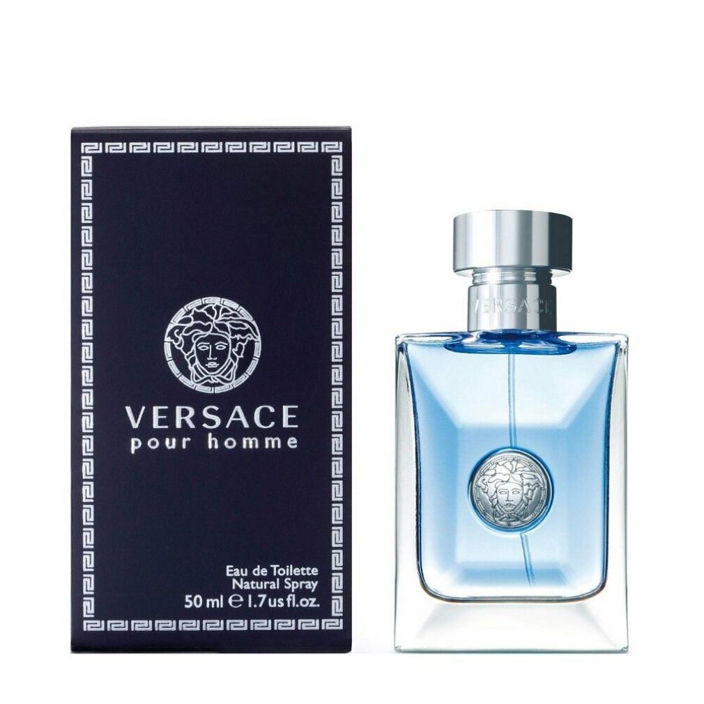 Flacon Versace Pour Homme Eau de Toilette 50 ml à côté de son emballage bleu foncé avec logo Méduse.