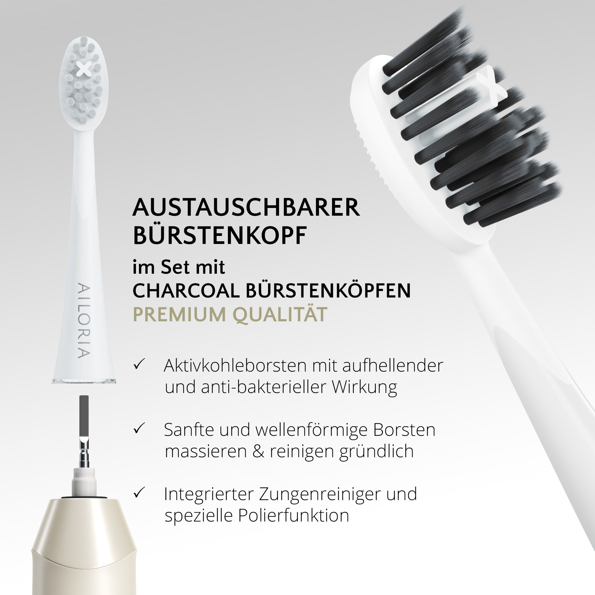 Gros plan sur la tête de brosse. Tête remplaçable avec poils au charbon actif. Qualité supérieure.