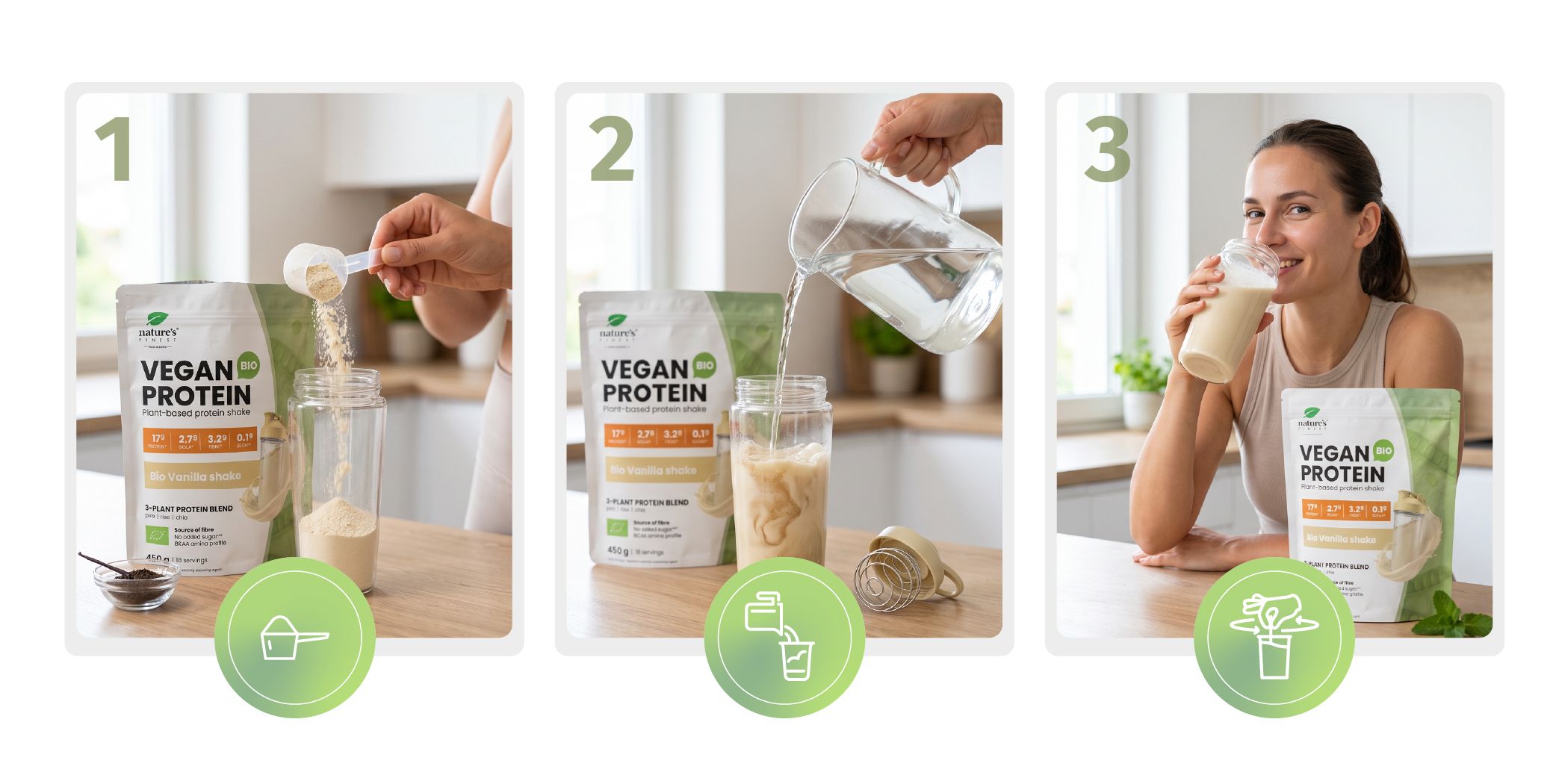 Instructies in drie stappen voor het bereiden van de veganistische eiwitshake.