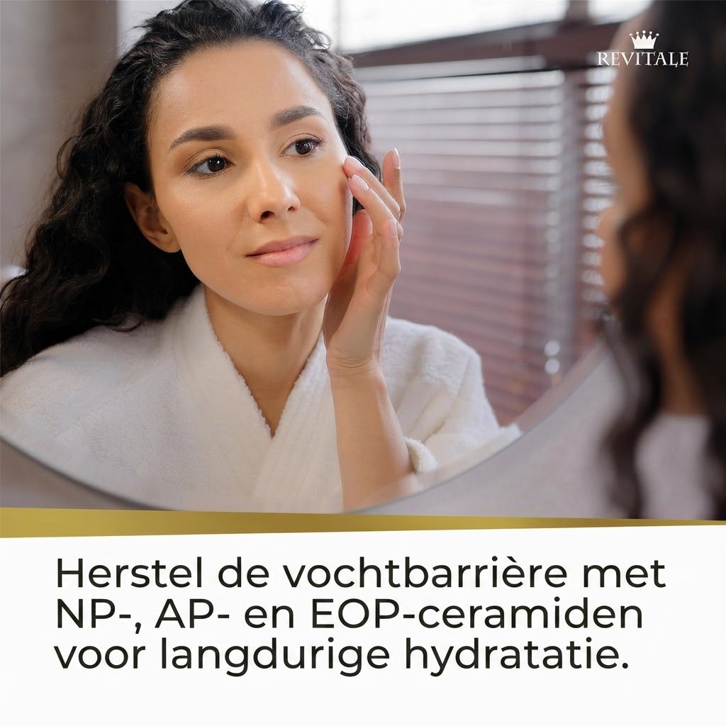Vrouw brengt huidverzorgingsproduct aan in badkamer, Revitale logo zichtbaar.