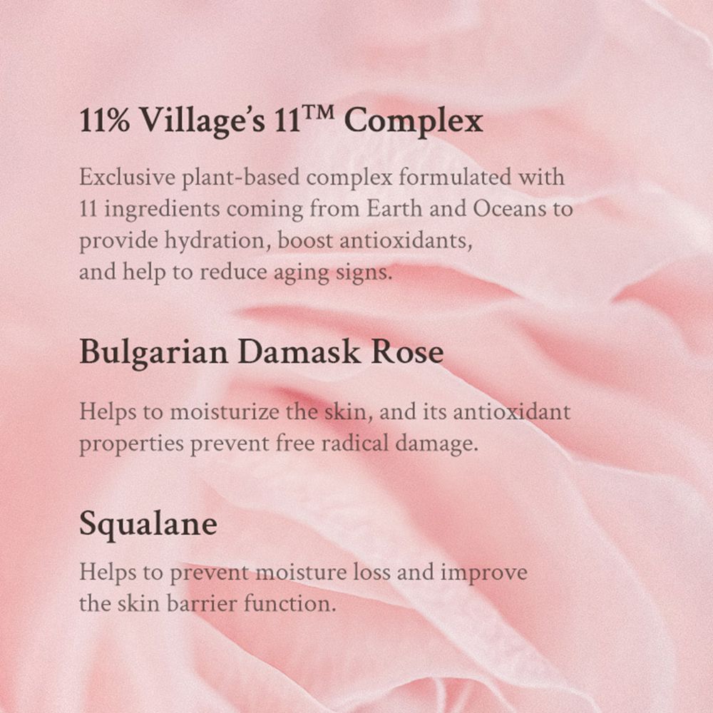 Tekst over ingrediënten en voordelen van het gezichtsserum. Bevat informatie over het 11% Village Complex.