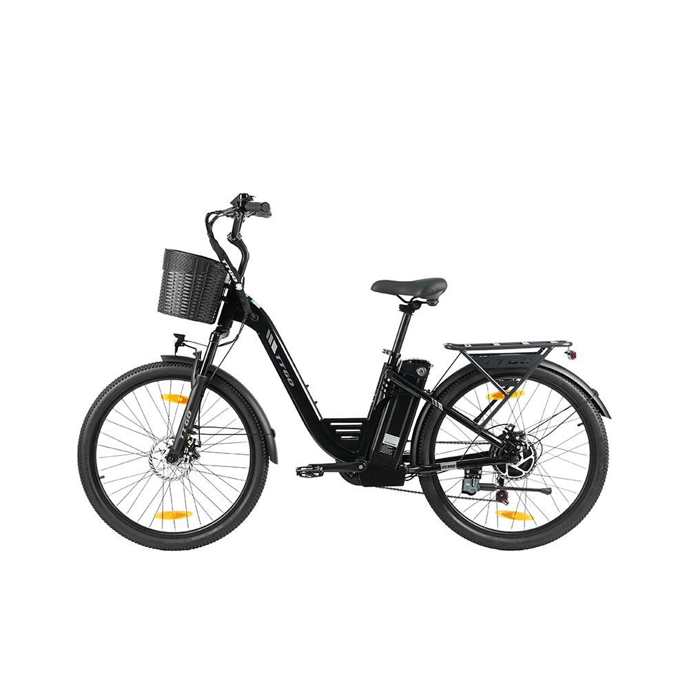 Zwarte TTGO C2 PRO e-bike. Mand voor, bagagedrager achter. Shimano 7 versnellingen. Accu op frame.