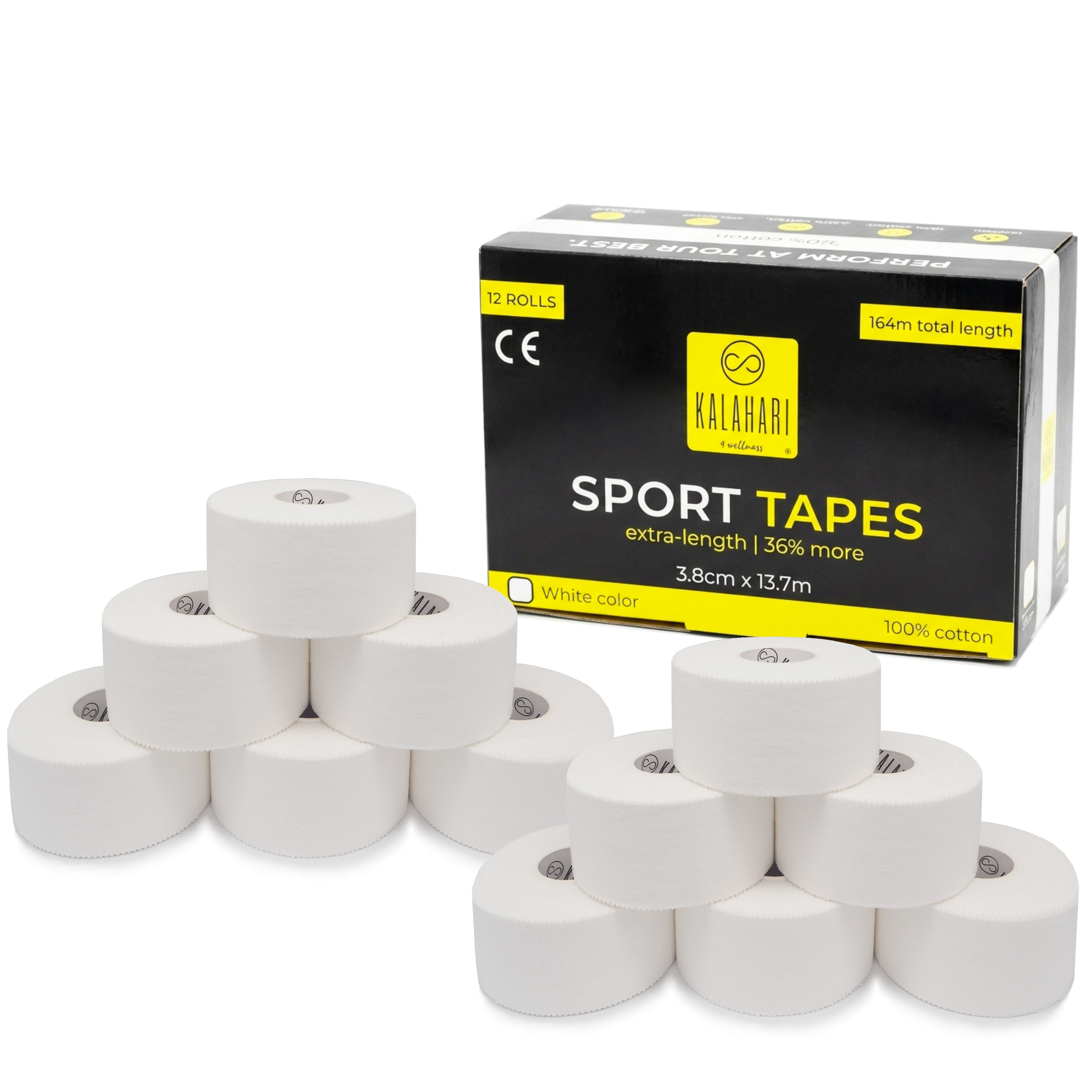 Douze rouleaux de ruban de sport blanc, extra longs, 100% coton, sur un emballage avec marquage CE.