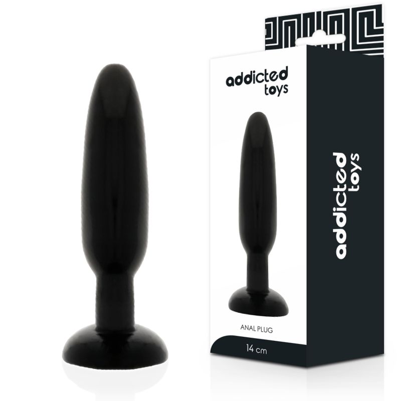 Zwarte anale plug met brede basis, 14 cm lang. Verpakking van 'addicted toys'.