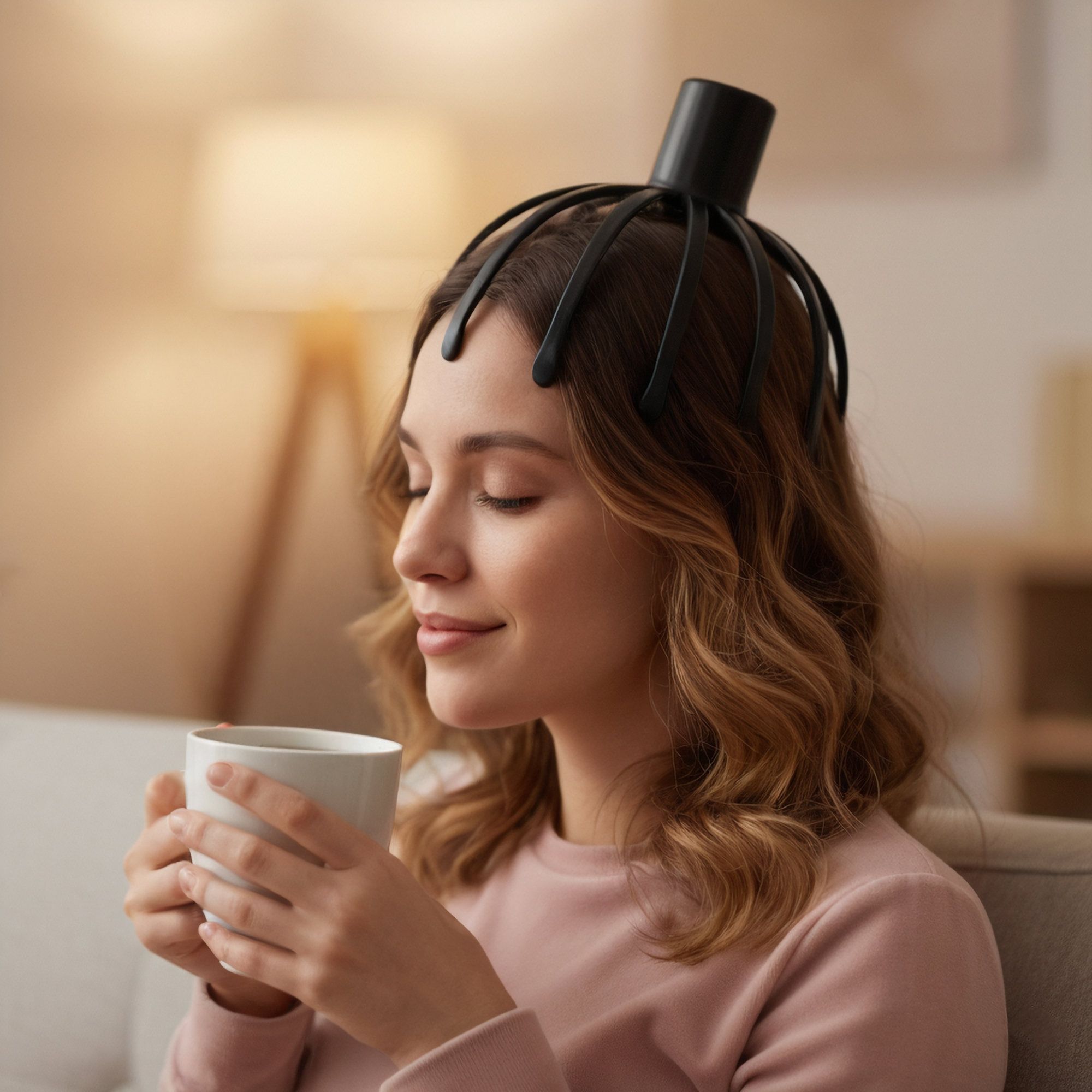 Vrouw met zwarte hoofdmassager. Ze houdt een witte beker vast.