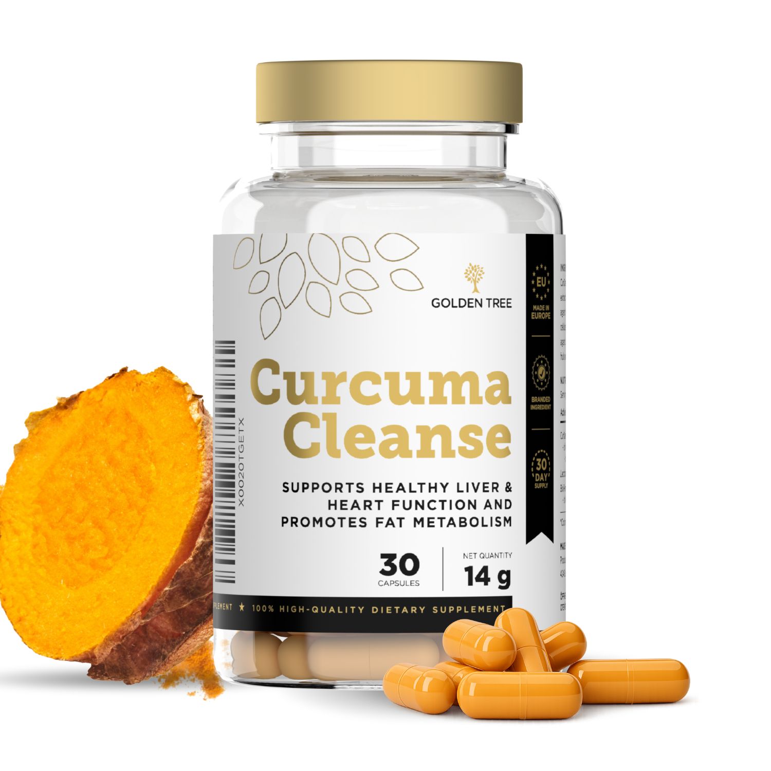 Fles met 30 Curcuma Cleanse capsules, naast verse kurkumawortel en capsules.