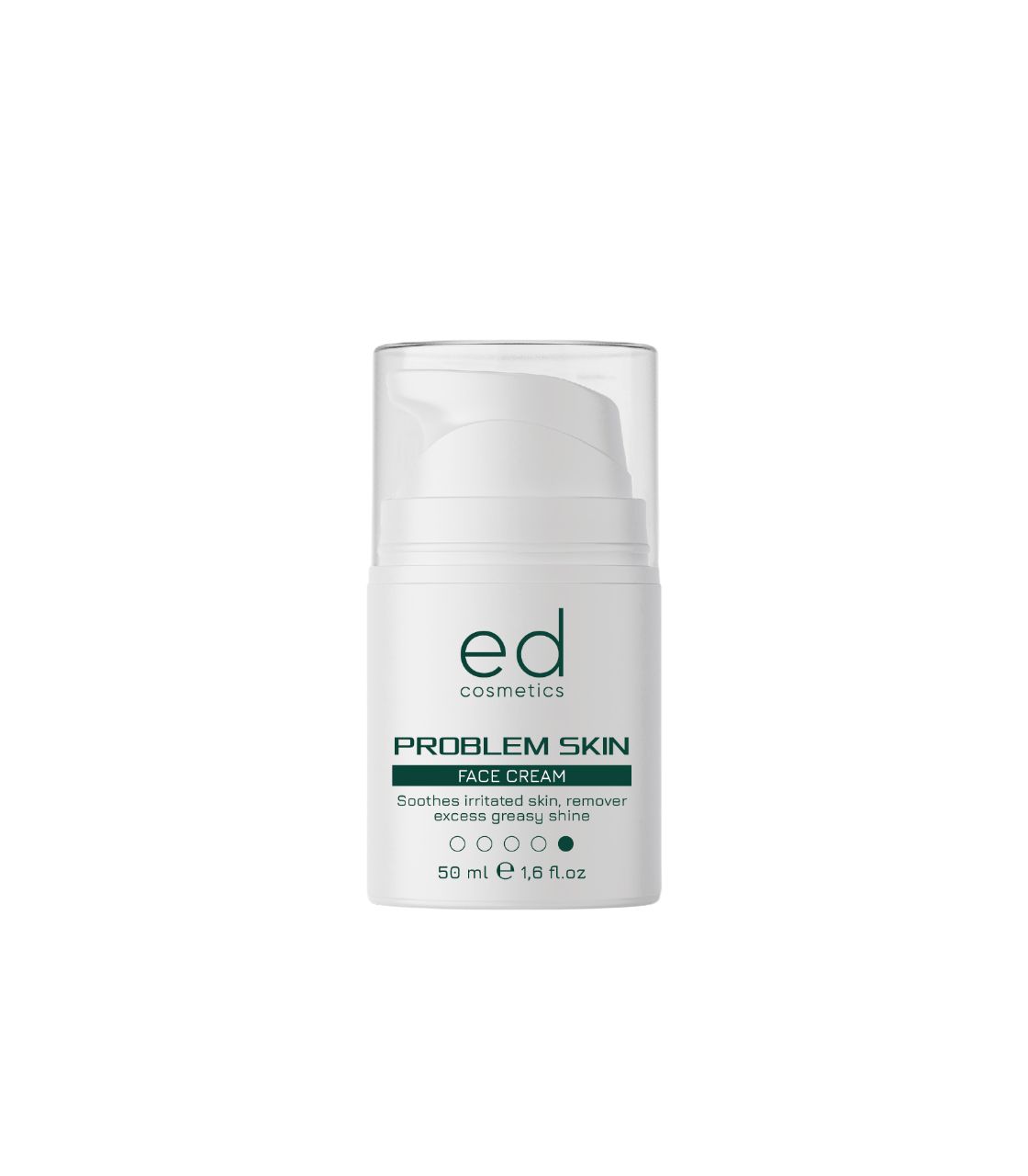 Flacon pompe blanc avec "ed cosmetics" et "PROBLEM SKIN FACE CREAM". 50 ml.