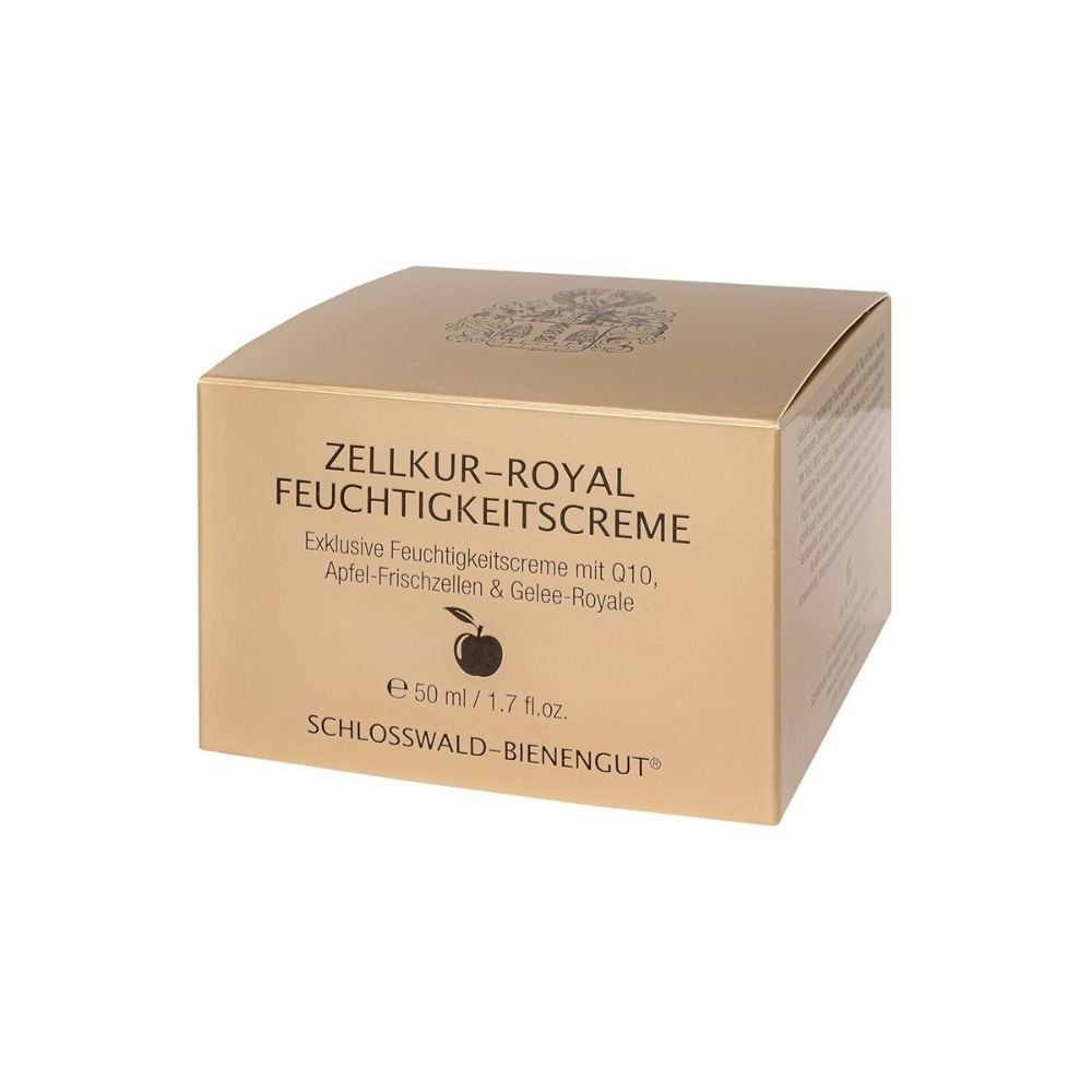 Gouden doos met opschrift: ZELLKUR-ROYAL Feuchtigkeitscreme. Exclusieve hydraterende crème met Q10, verse appelcellen & koninginnengelei. Met logo.