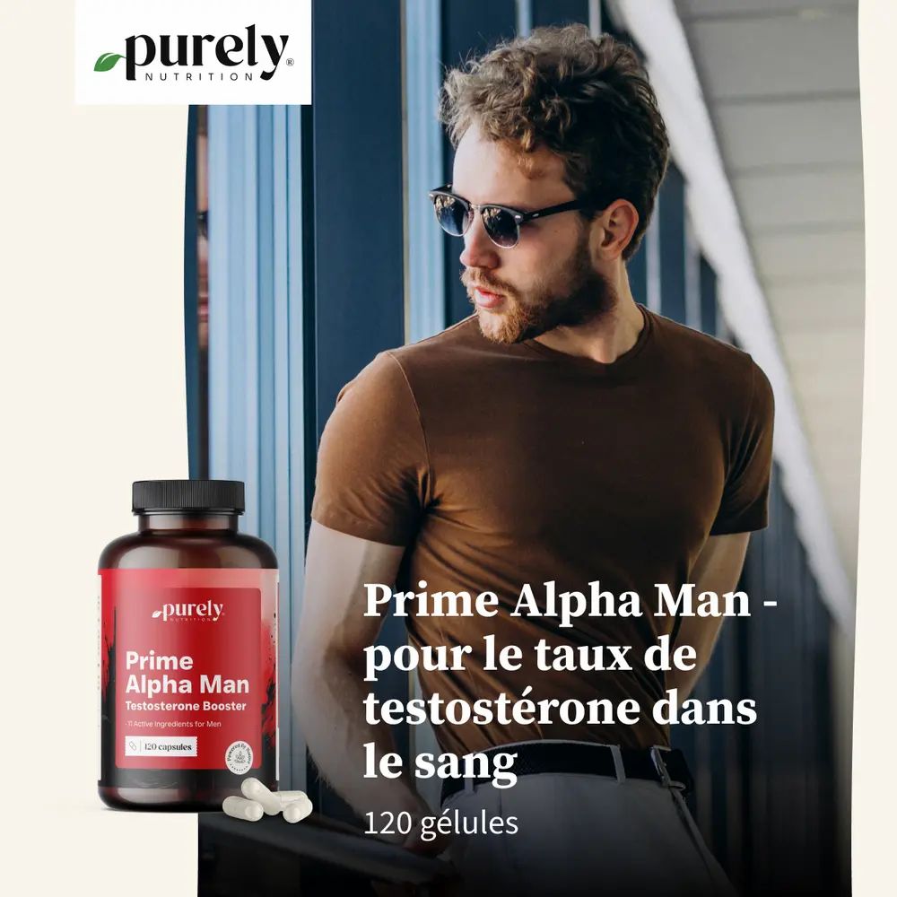 Homme avec lunettes de soleil. Flacon et gélules. Inscription : Prime Alpha Man. 120 gélules. Purely Nutrition.