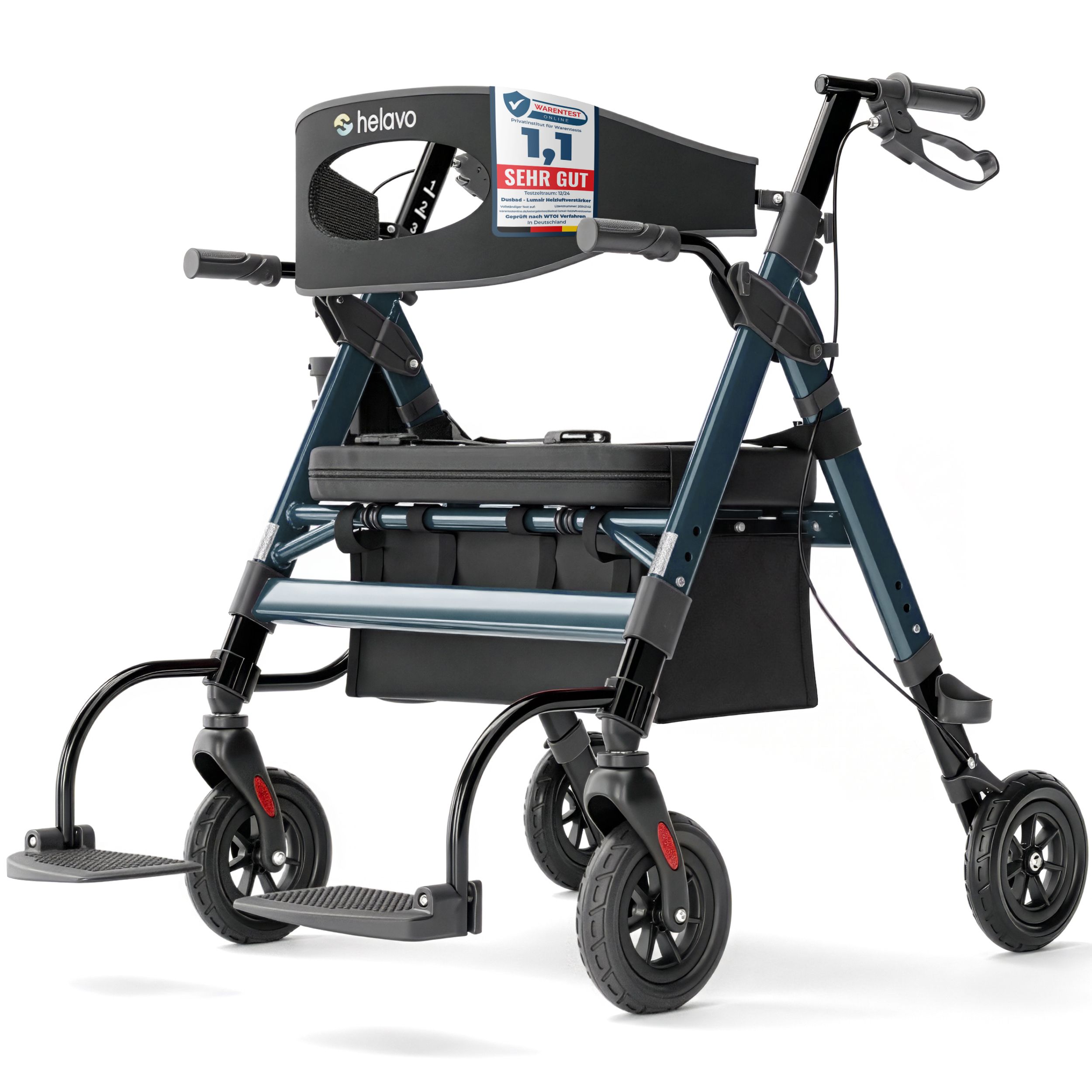 Un rollator Helavo bleu avec siège et sac de courses, certifié 'Très Bien'.