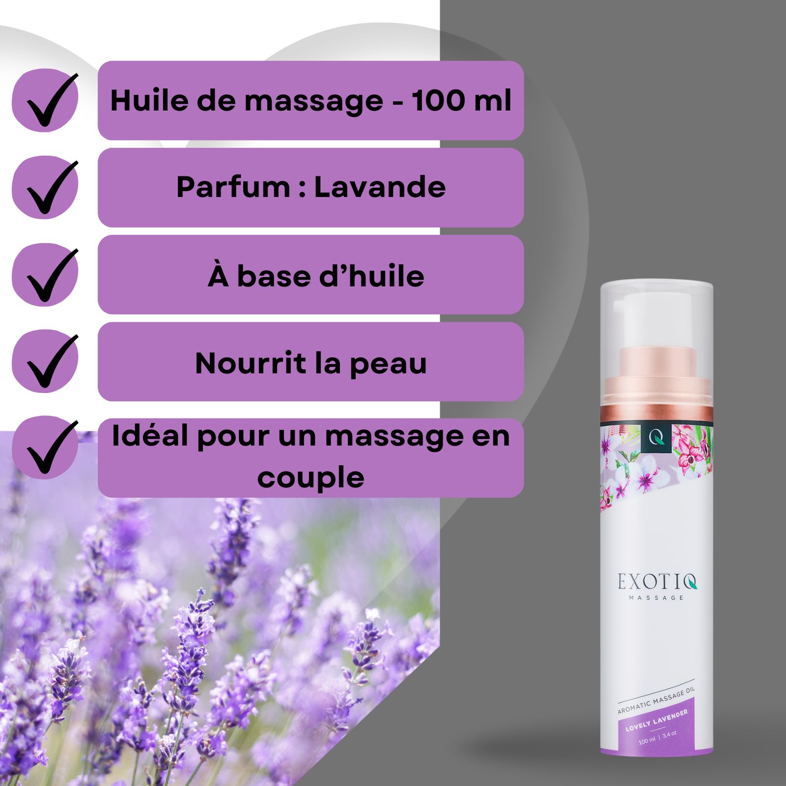Produit avec des champs de texte : huile de massage, parfum lavande, à base d'huile, nourrit la peau, idéal pour massage en couple.