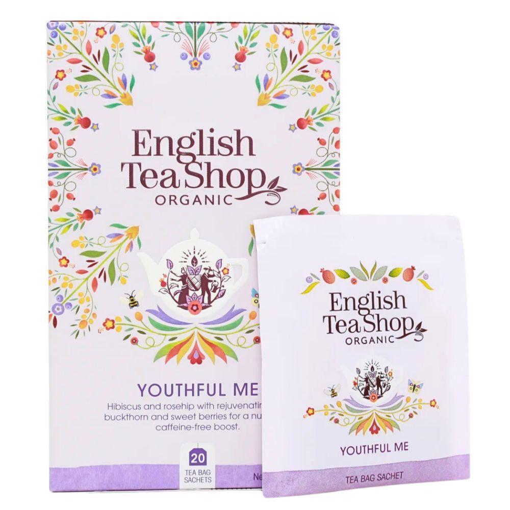 Verpakking en individueel theezakje "English Tea Shop" met "Youthful Me". Bloemenpatroon, theepot.